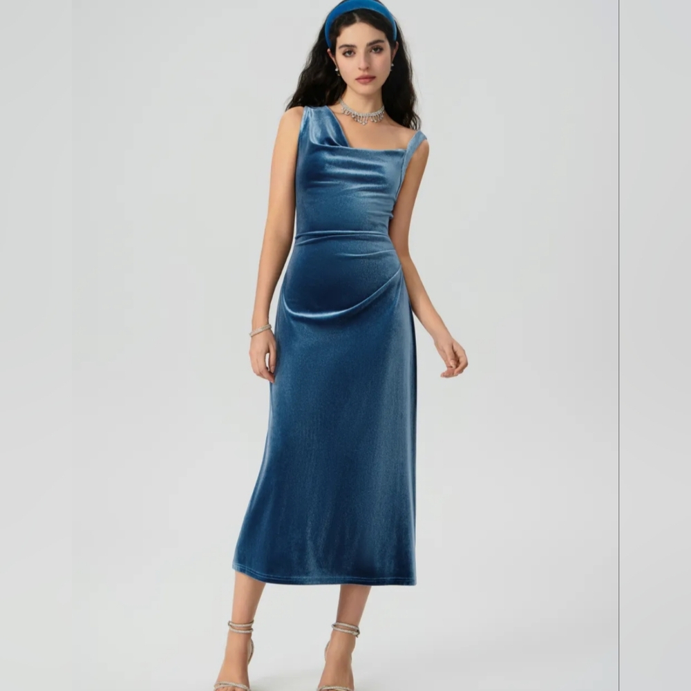 Velvet Asymmetrical Midi Dress- Blue, Size M